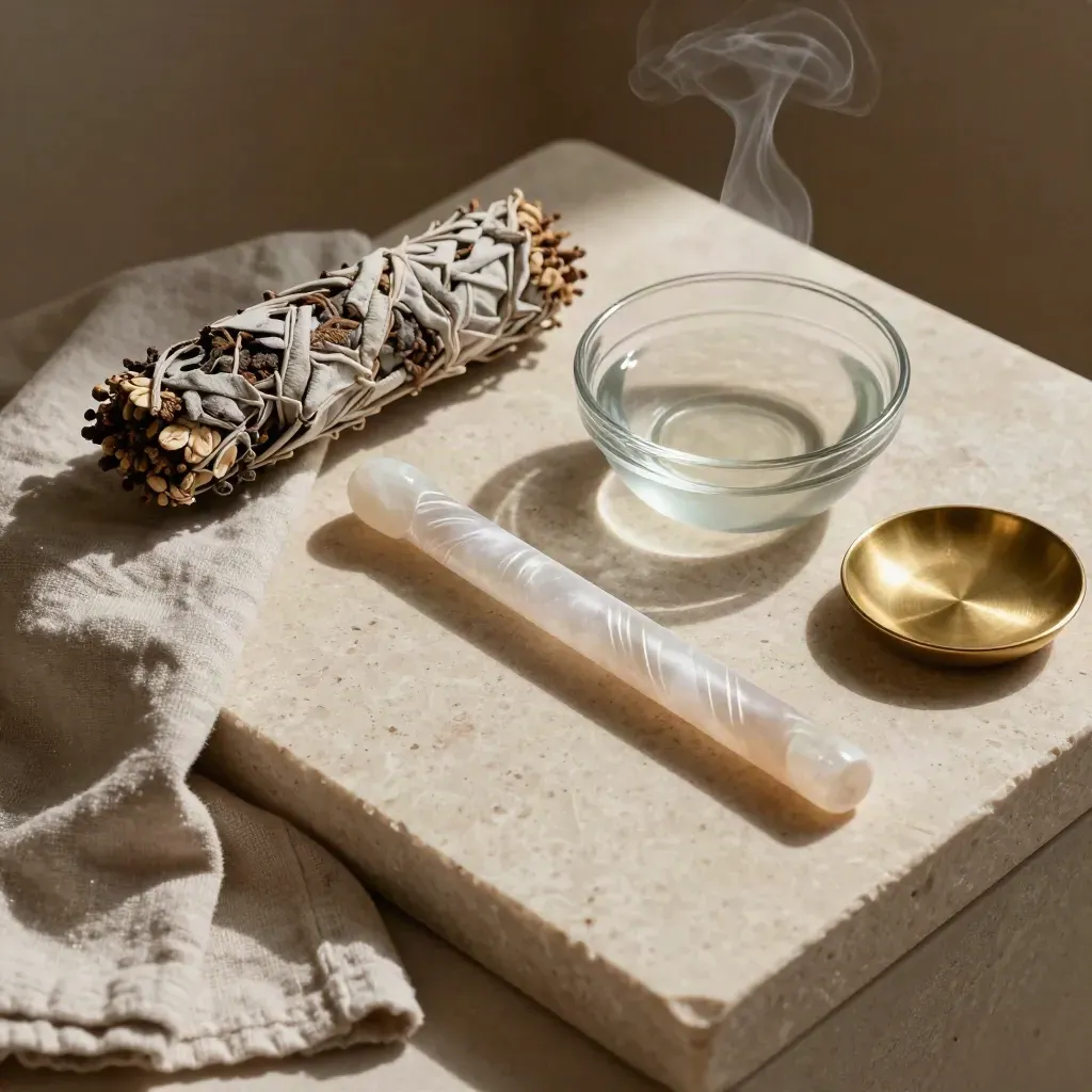 Selenite wand, water bowl, sage bundle, and linen cloth on travertine stone