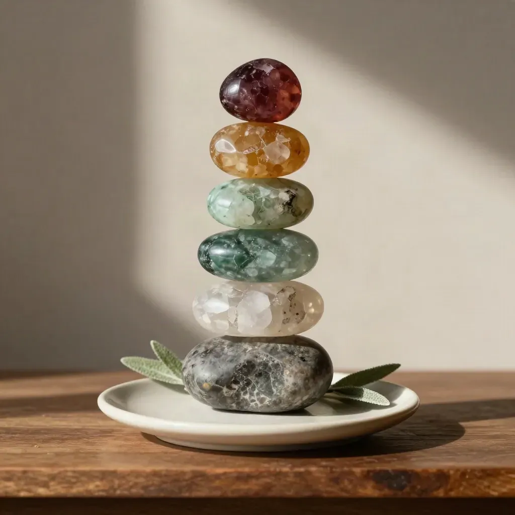 Seven chakra stones stacked on a pale ceramic disc with sage on a walnut altar shelf.