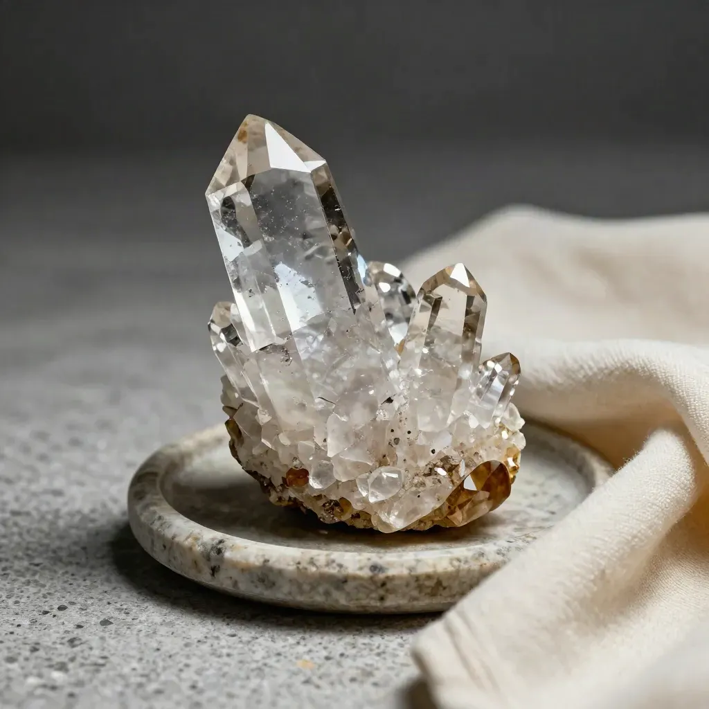 Clear quartz cluster with smoky pebble on stone tray and cream cloth in moody light