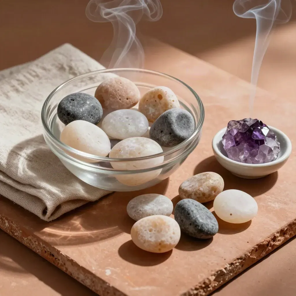 High-angle crystal cleansing still life with stones, bowl, smoke, and folded cloth.