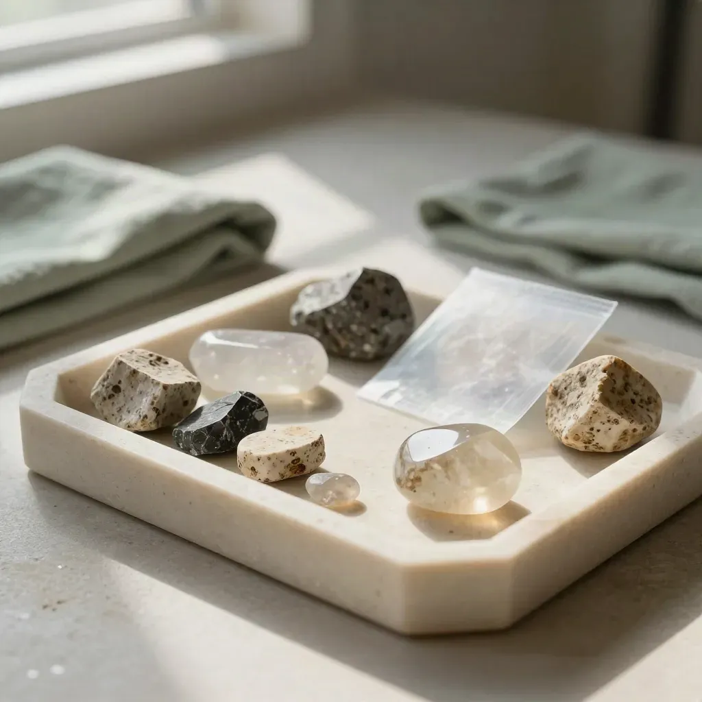 Crystal buying tray with rough stones, palm stones, and soft wrap in cool morning light.