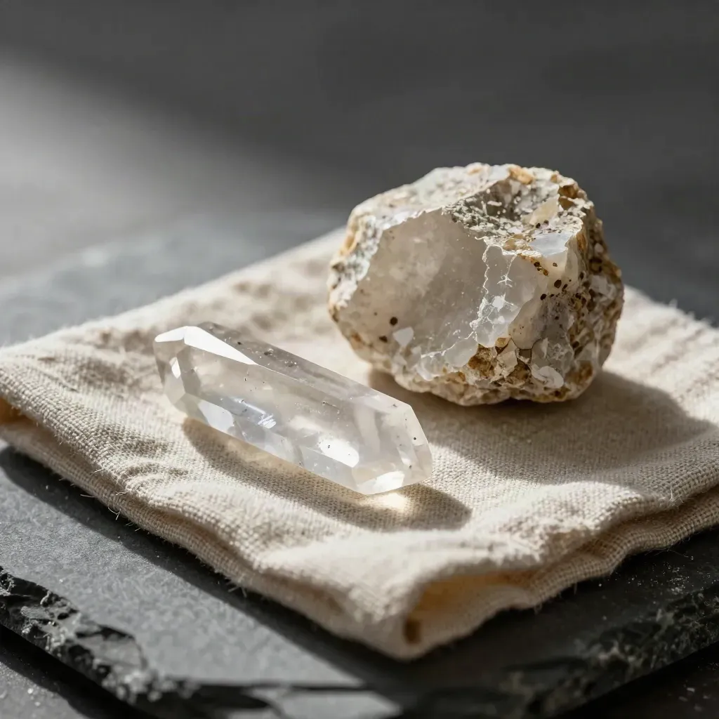Quartz point and feldspar on folded linen over graphite stone, lit with soft side light.