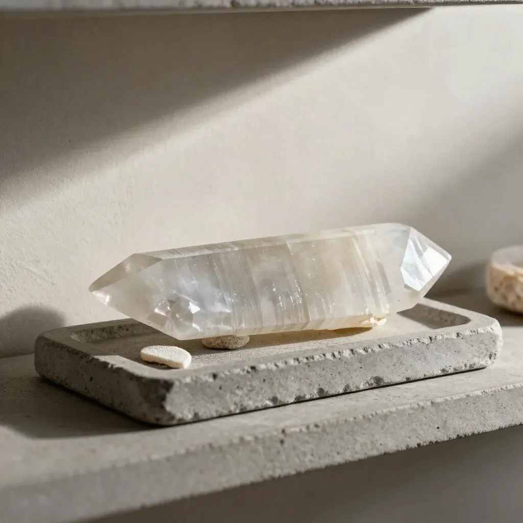 Selenite blade on felt pads in a shallow tray beside a small stone dish