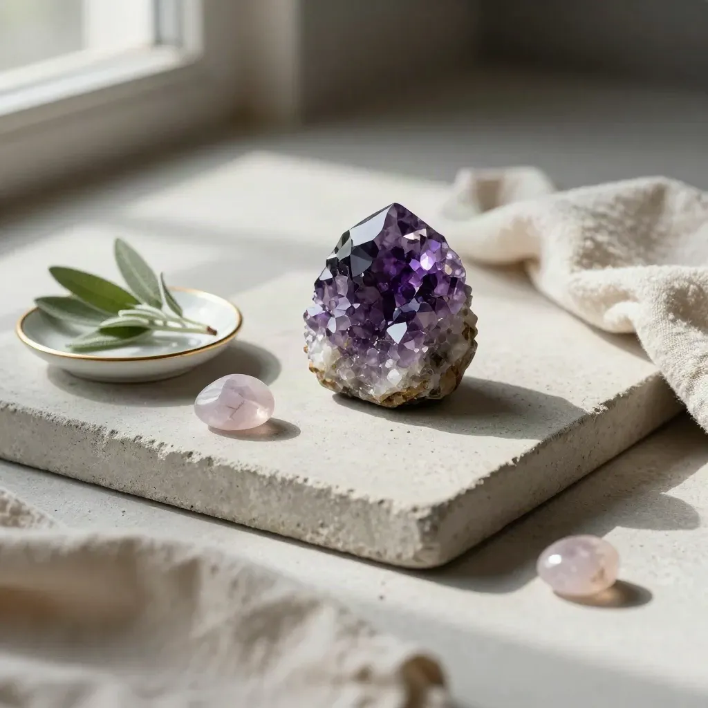 Amethyst cluster, rose quartz pebble, dish, sage sprig on a stone tray with linen