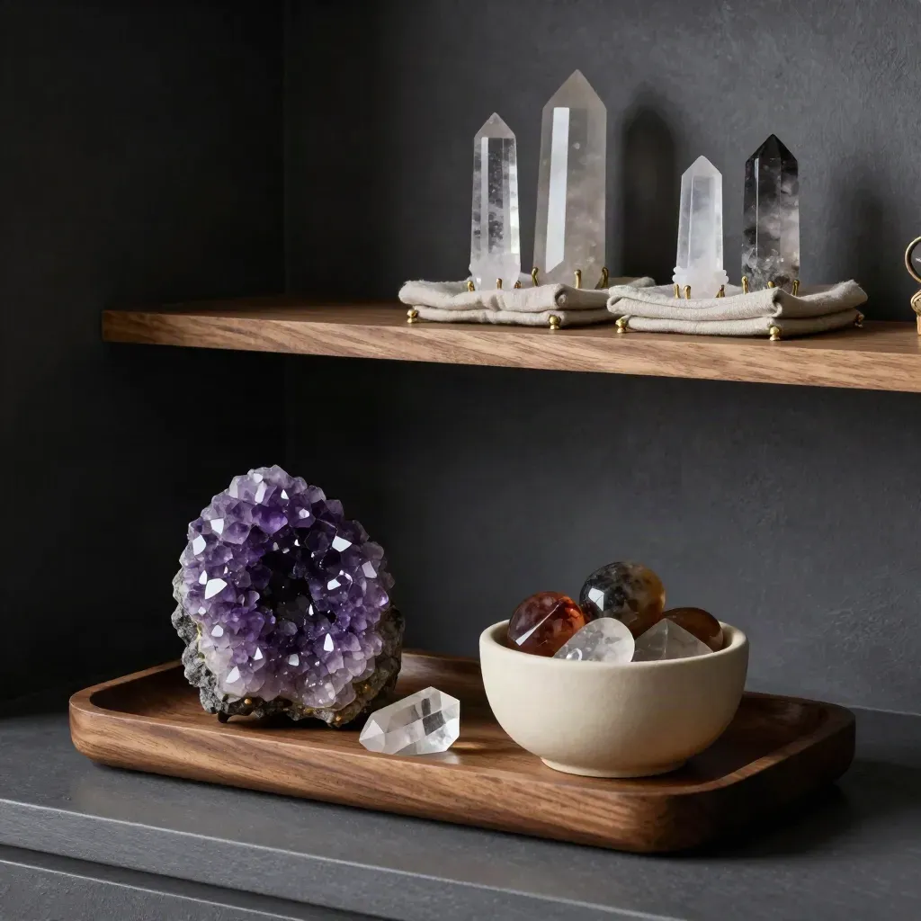 Crystal collector corner with tray, bowl and shelf of clustered amethyst in a moody interior