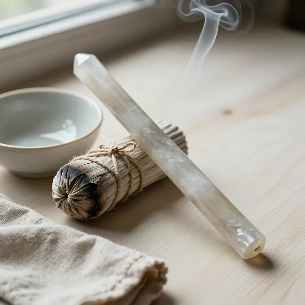 Selenite wand, smoke bundle, bowl and cloth on pale wood with curling smoke.
