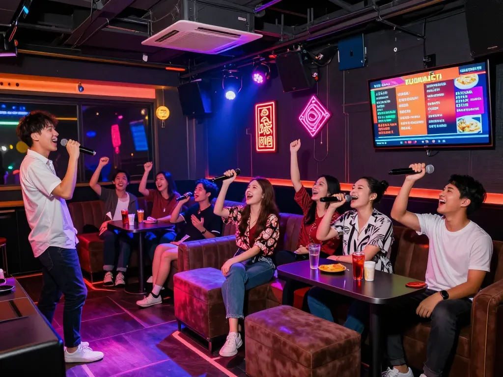 友達と賑やかなカラオケ会場でホーチミンのカラオケ情報を楽しんでいる様子