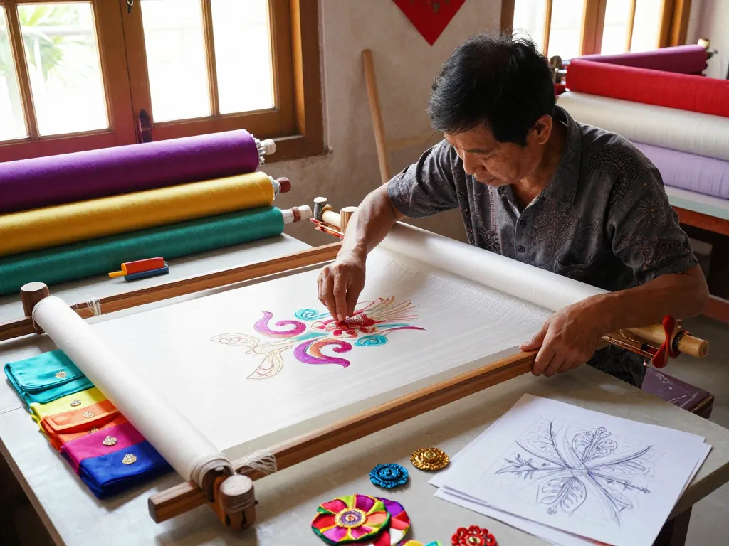Artisan expertly demonstrating bóc ép lụa techniques with vibrant silk fabrics in a sunlit workshop.