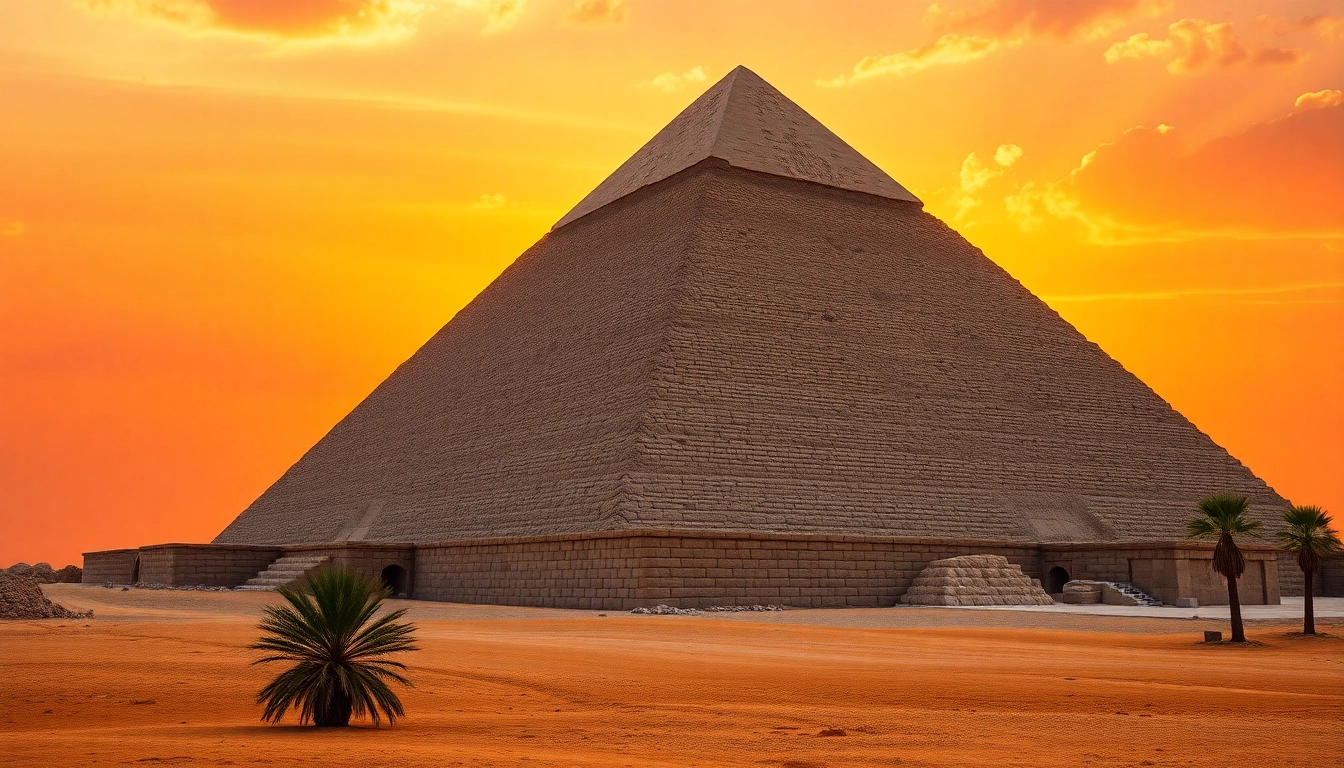 Pyraminds of Giza illuminated at sunset showcasing its majestic architecture and surrounding landscape.