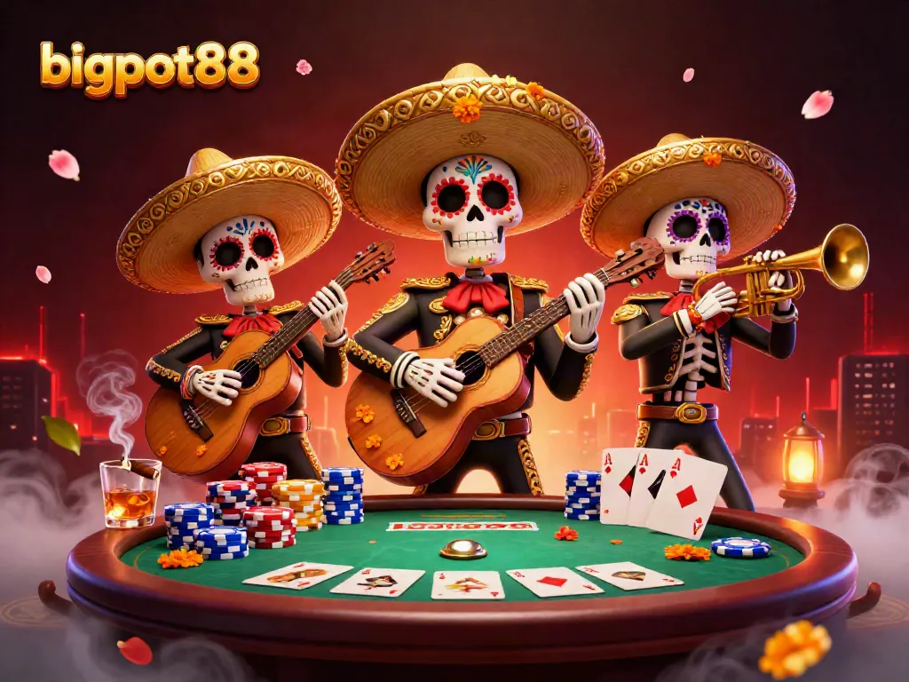 Bigpot88 menghadirkan ilustrasi menarik dengan band mariachi tengkorak bermain kartu di kasino.