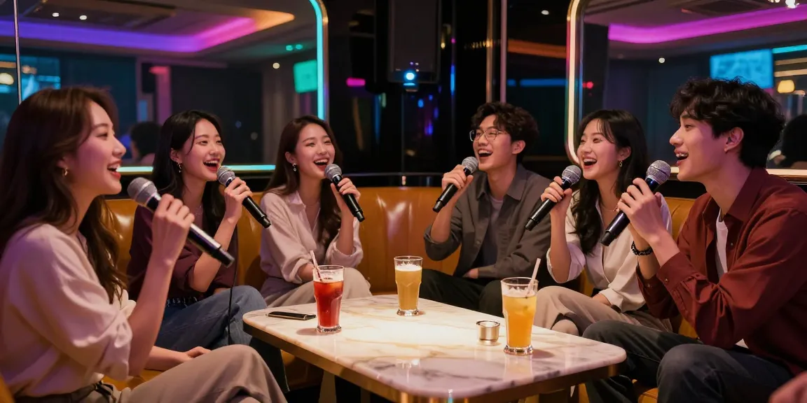 강남 가라오케의 고급스러운 노래방에서 친구들과 즐거운 시간을 보내는 모습