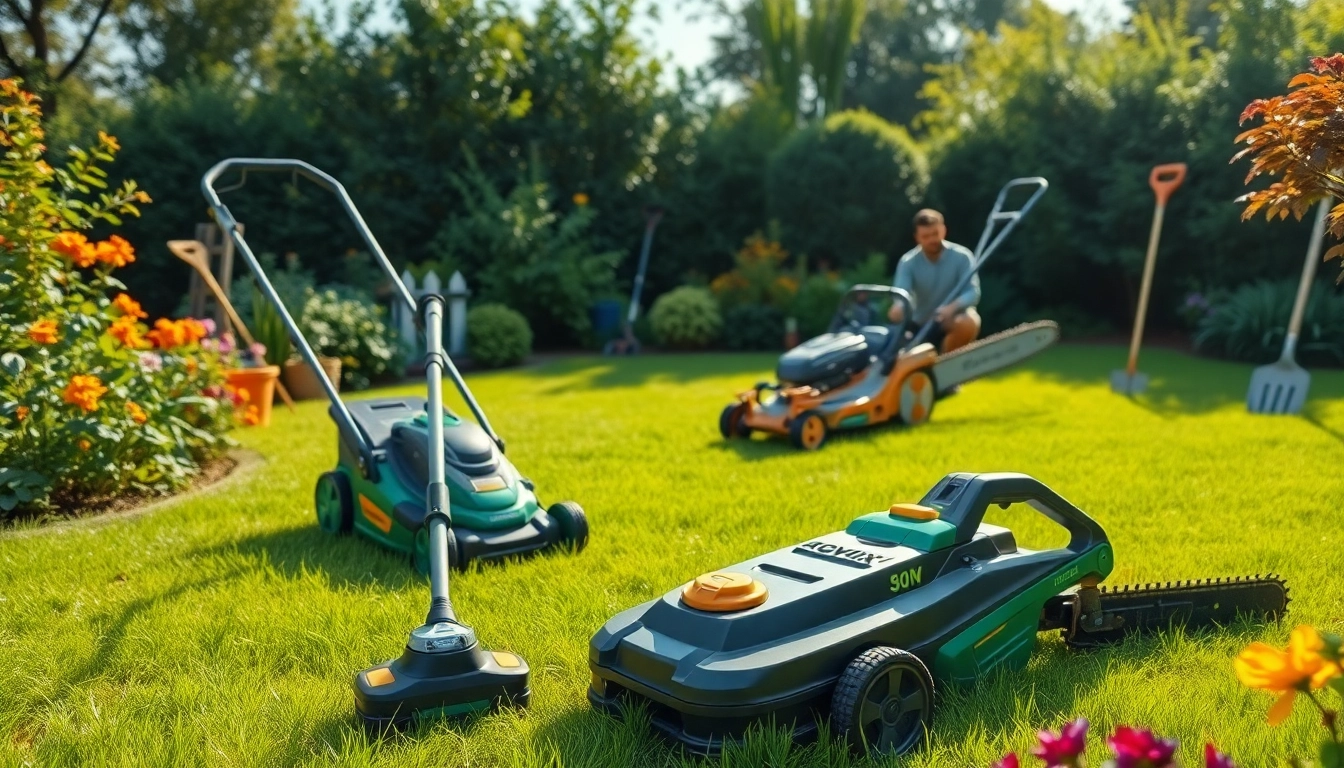 NovorikX outdoor power equipment in a vibrant garden setting showcasing lawn care tools.