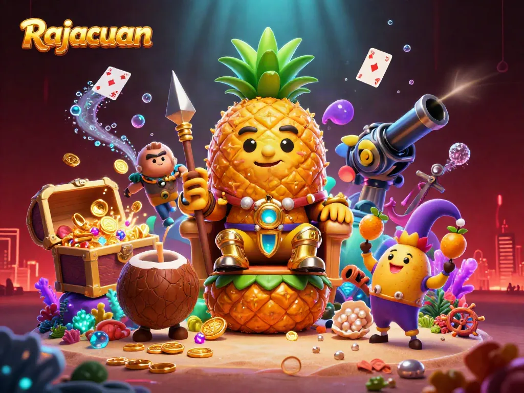 Win big with Rajacuan in an engaging beach casino scene featuring animated characters and gambling elements.
