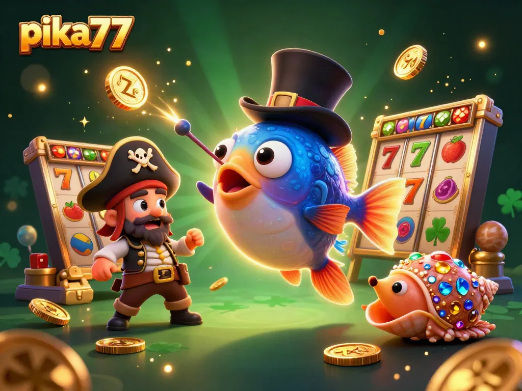 Pika77 showcases a vibrant cartoon casino scene with slot reels and treasure characters drawing players in.