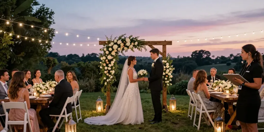 Outdoor wedding ceremony with elegant decorations and event rentals, capturing a romantic atmosphere.