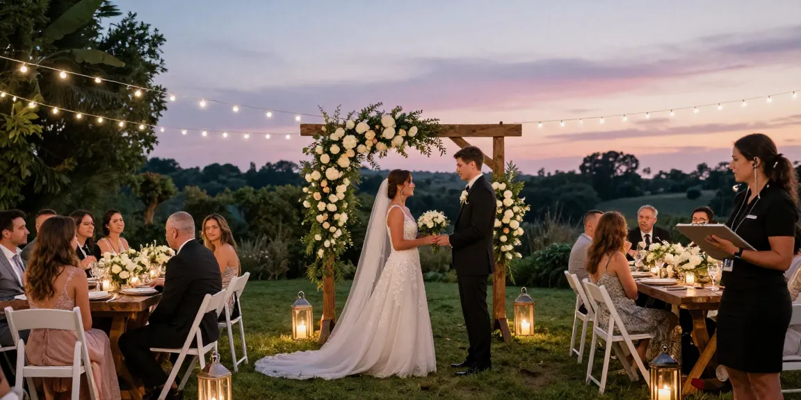 Outdoor wedding ceremony with elegant decorations and event rentals, capturing a romantic atmosphere.