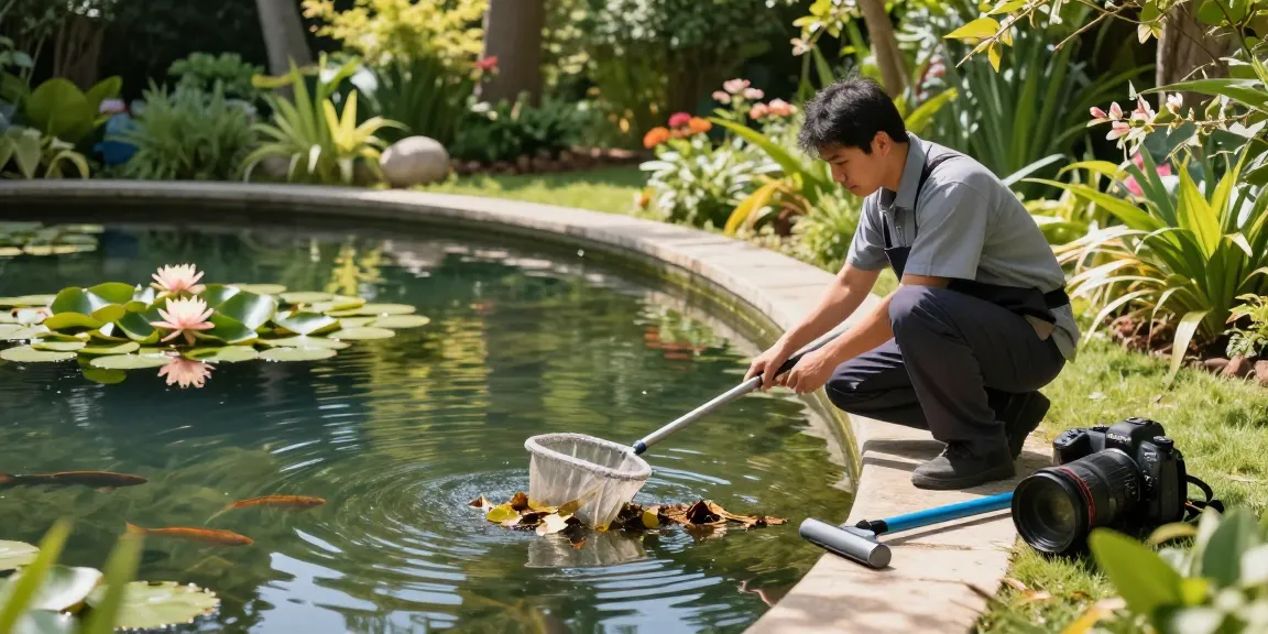 Pond Clean Essex expert removing debris from a tranquil garden pond, highlighting professional pond care services in a vibrant natural setting.