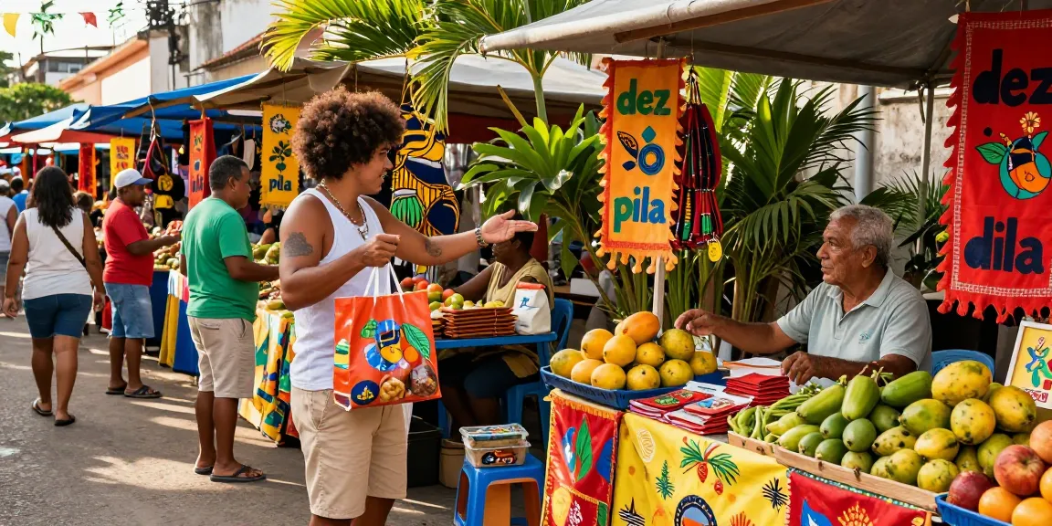 Engaging Brazilian market scene showcasing dez pila brand products with vibrant local interactions.