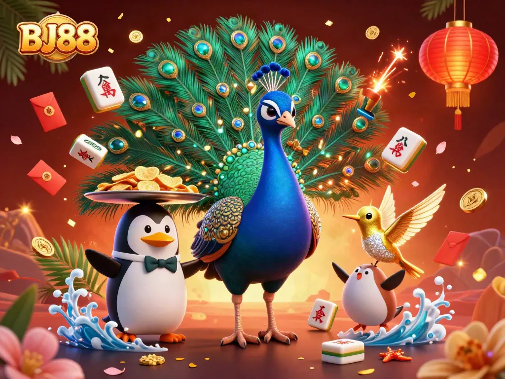 Experience the vibrant energy of BJ88 with a grand peacock, money symbols, and festive decorations.
