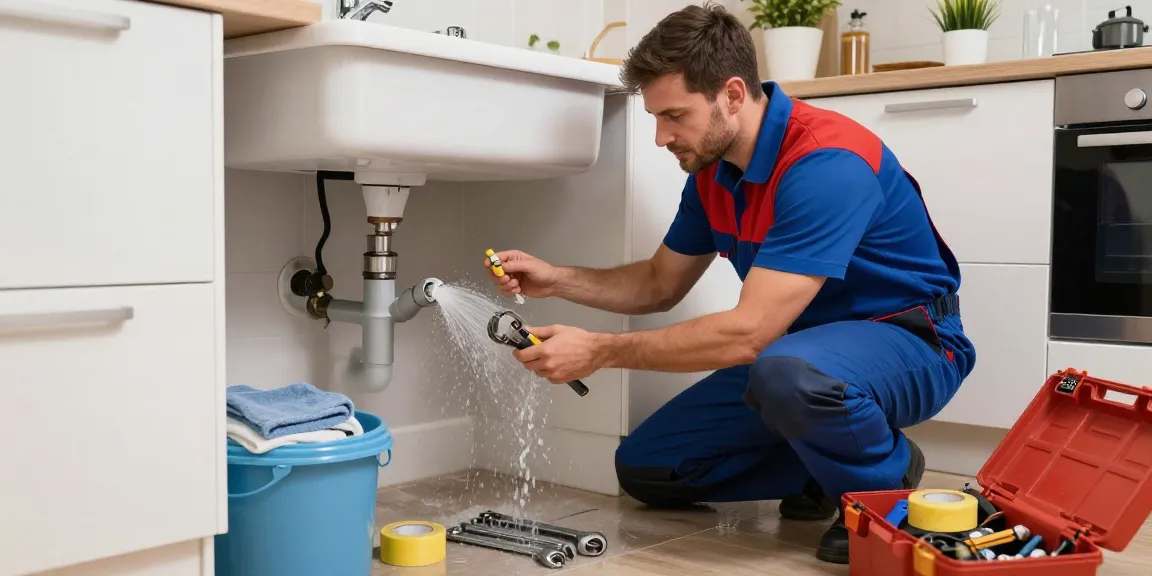 Emergency plumber in Rushden fixing a burst pipe in a residential kitchen during a plumbing crisis.