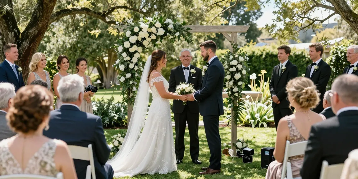 Dunedin wedding photographer capturing an outdoor ceremony with emotional couple under a floral arch surrounded by loved ones.