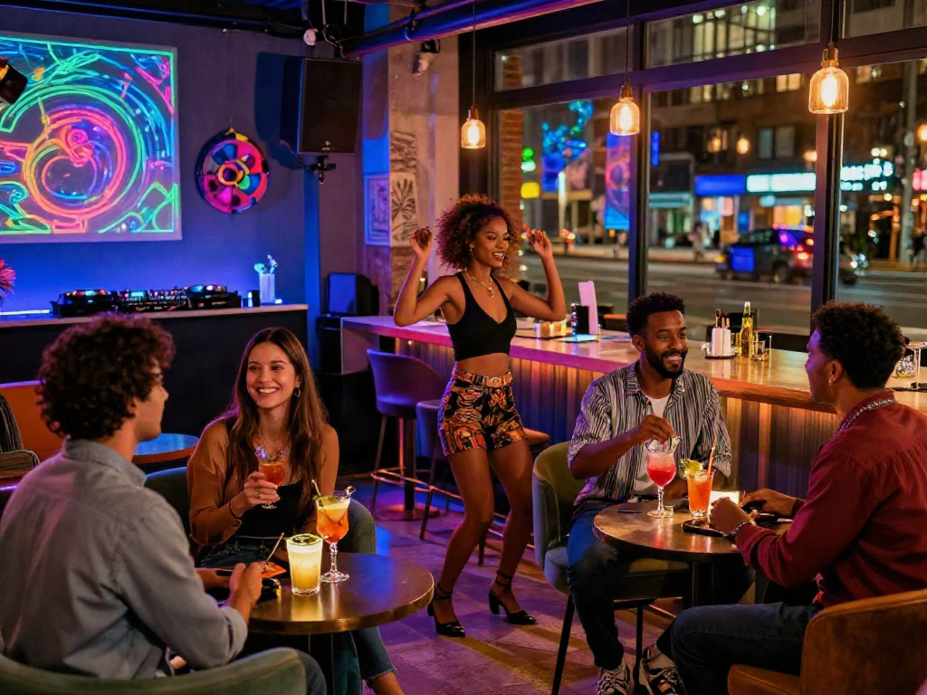 Vibrant nightlife atmosphere showcasing nsfw ai-themed lounge with friends enjoying cocktails and dancing.