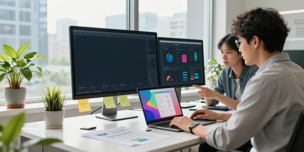 Team analyzing paid ads results in a modern marketing office with urban view.