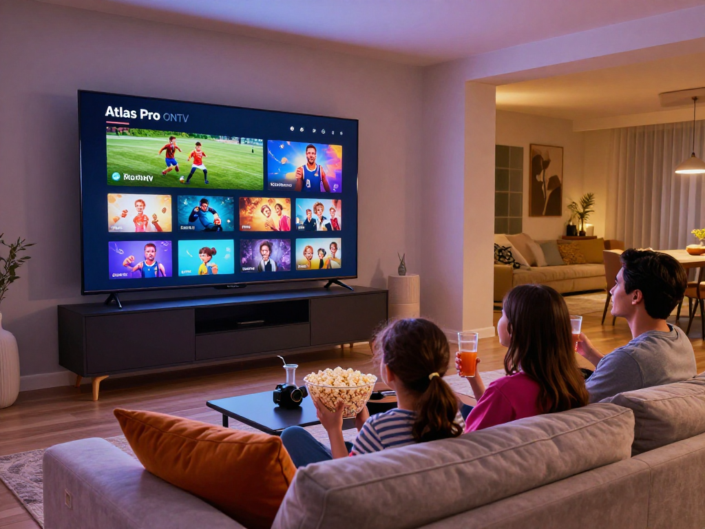 Télévision intelligente affichant l'interface Atlas Pro, famille profitant d'une soirée cinéma.