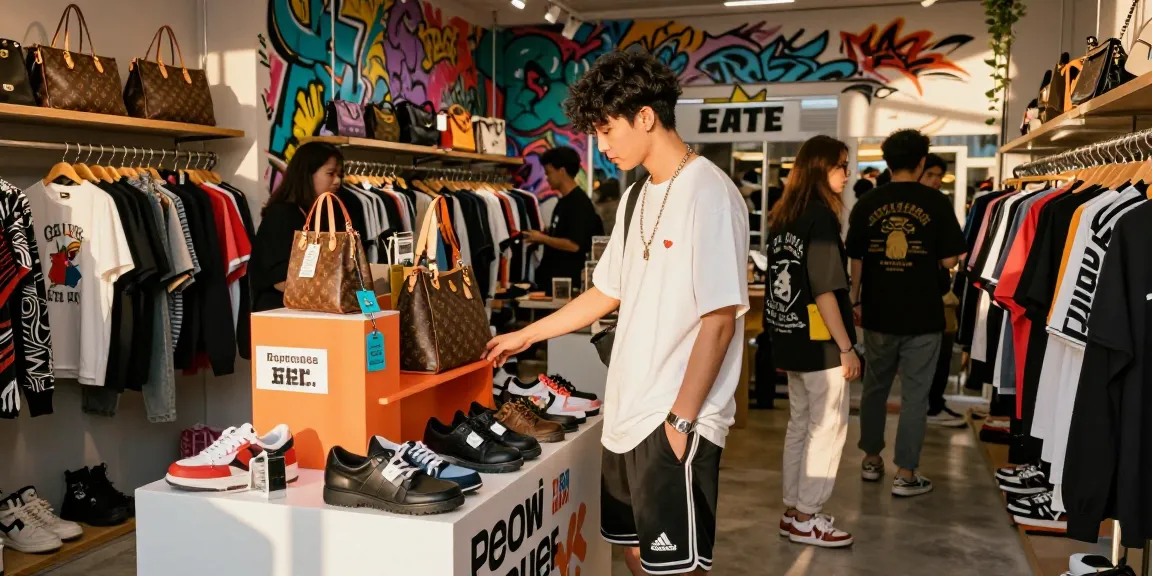 Engaging atmosphere at a 레플리카 쇼핑몰 showcasing trendy replica fashion items in a stylish urban boutique.