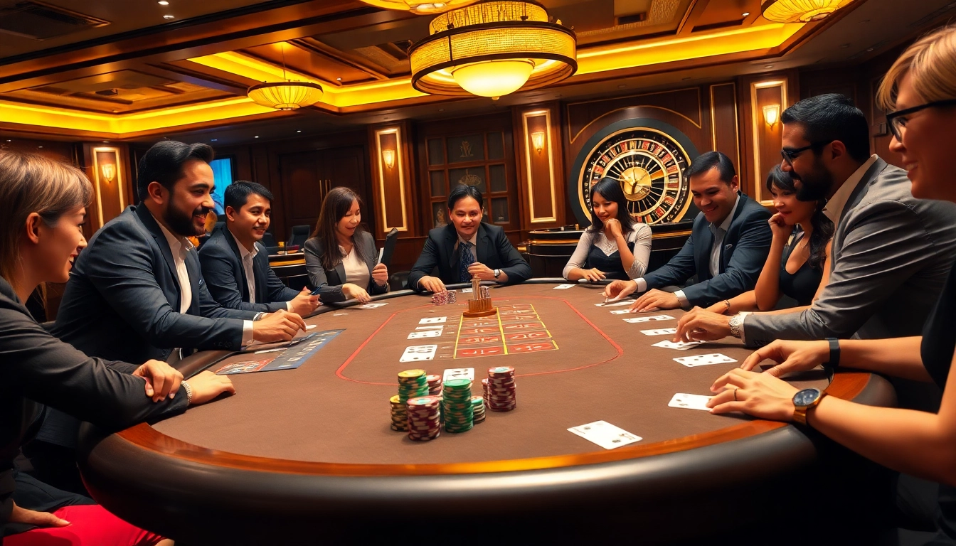 KJC gaming table surrounded by players in an elegant poker scene, showcasing vibrant casino elements.