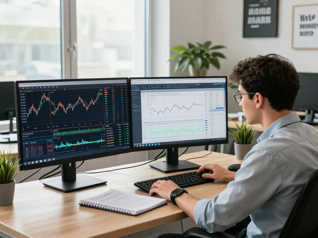 交易者使用MetaTrader 5分析市场数据，现代办公室环境，专注的交易氛围