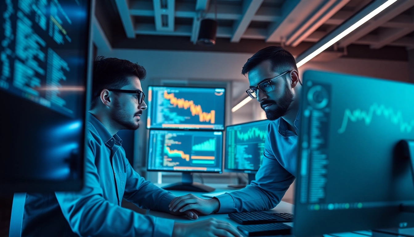 Software engineering team developing an Amazon price tracker, featuring screens with financial data.