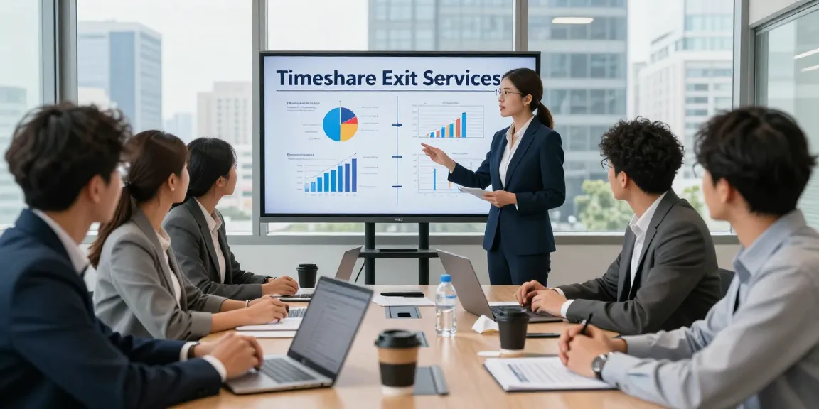 Professional team discussing best timeshare exit companies in modern office setting