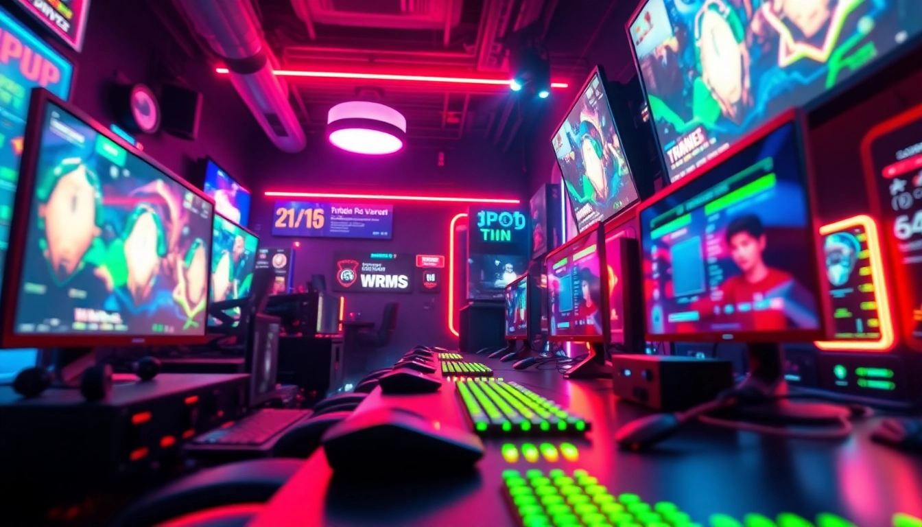 Dynamic gaming scene with JAMETKUPROY88 theme, showcasing vibrant colors and high-tech devices.
