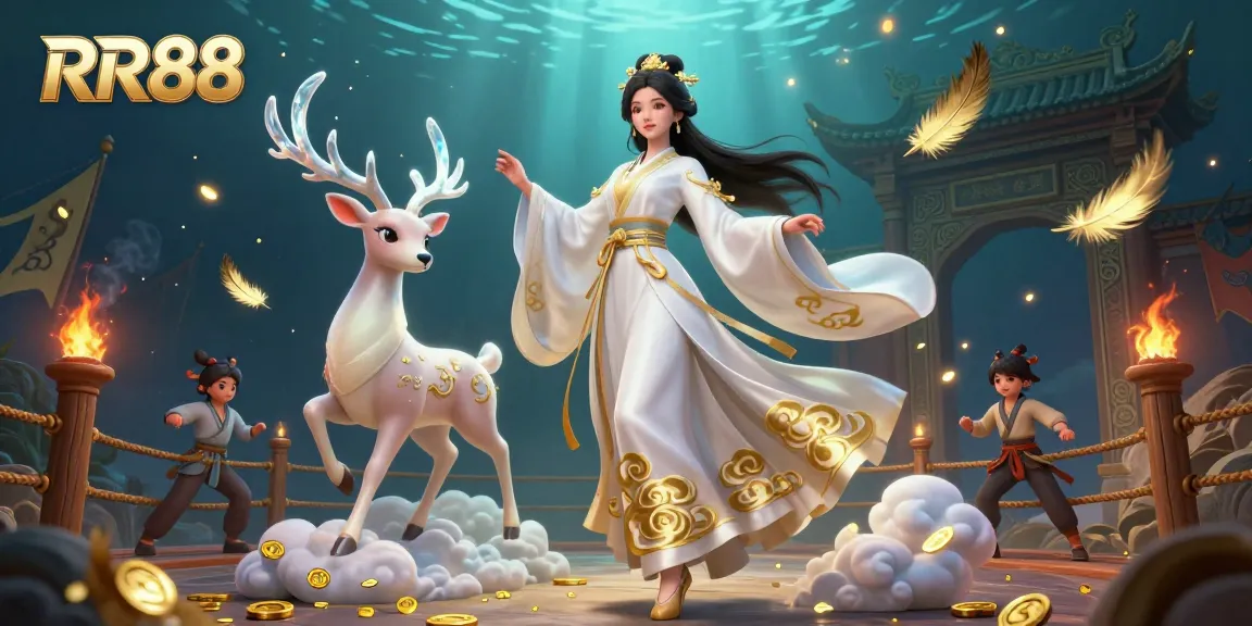 Engage with RR88’s casino experience featuring a serene Asian woman and mythical deer amidst a vibrant gambling design.