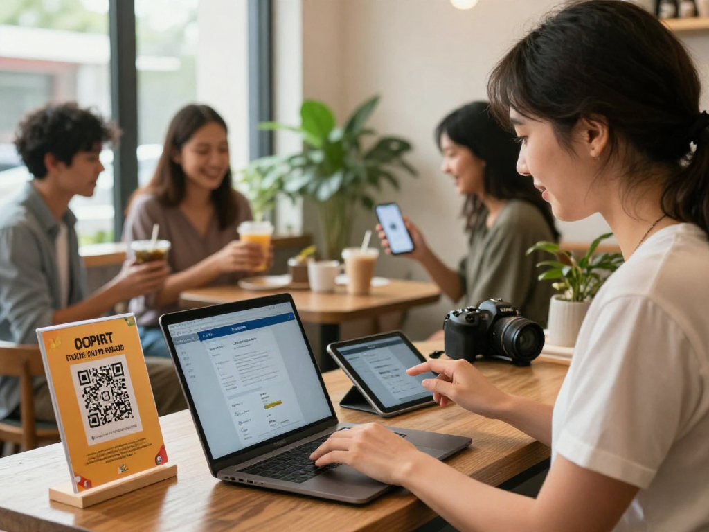 Business owner setting up a digital loyalty program in a cozy café, engaging customers with QR codes.