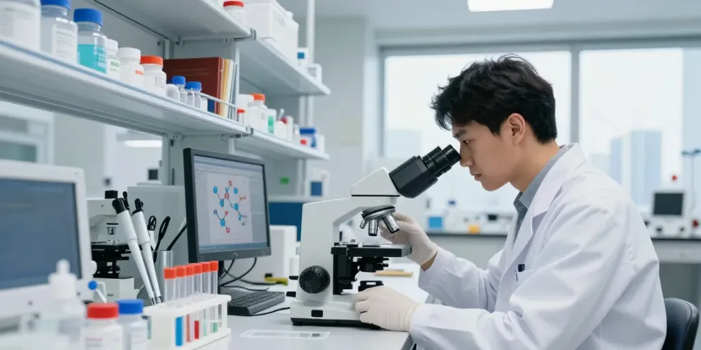 Scientist analyzing SwissChems peptides in a modern lab setting, highlighting research quality.