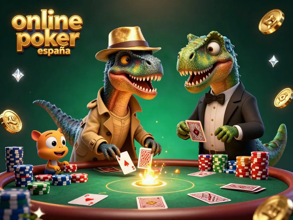 Jugar poker online en España en una escena vibrante con dinosaurios en una mesa de juego.