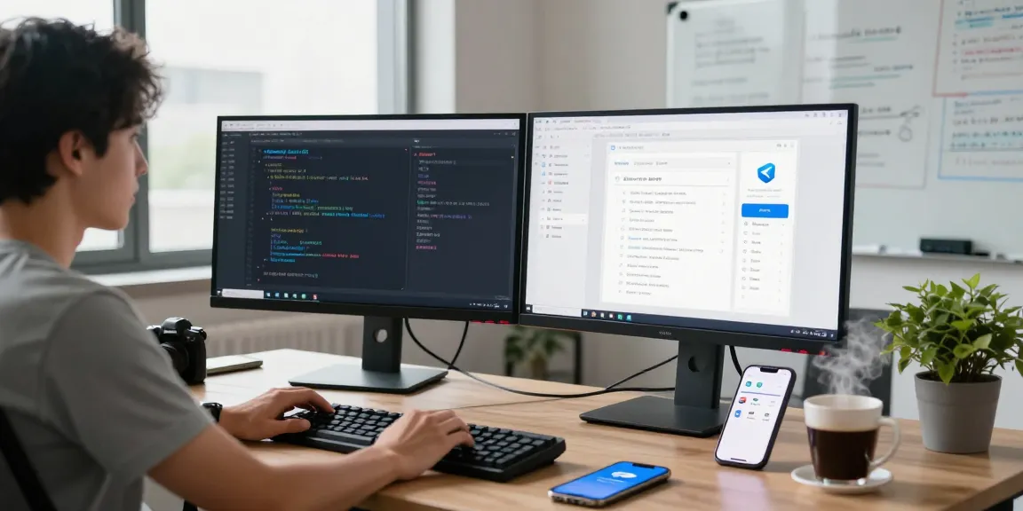 Developer coding the Telegram Chinese version APK in a modern workspace, focusing on tech innovation.