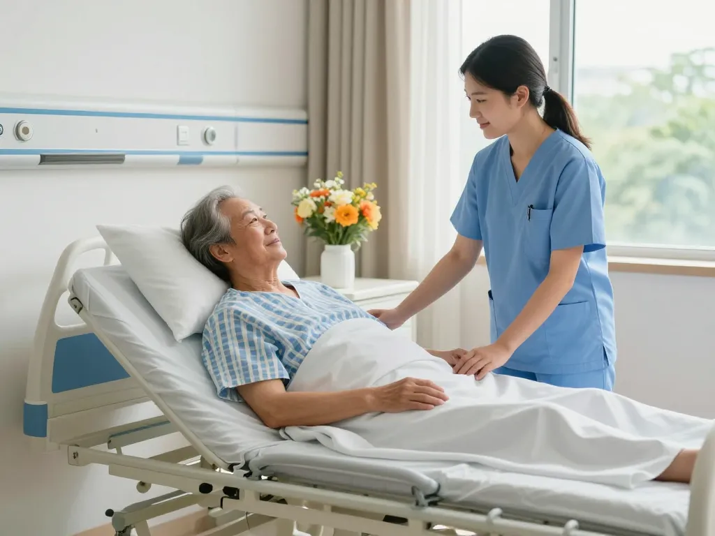 Adjustable giường bệnh nhân enhancing elderly comfort in a hospital room setting.