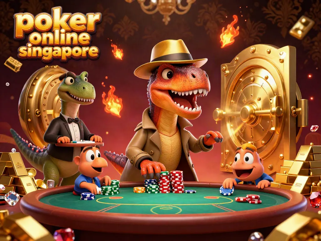 Experience poker online Singapore with a velociraptor card counter, chips, and vibrant gold elements in play.