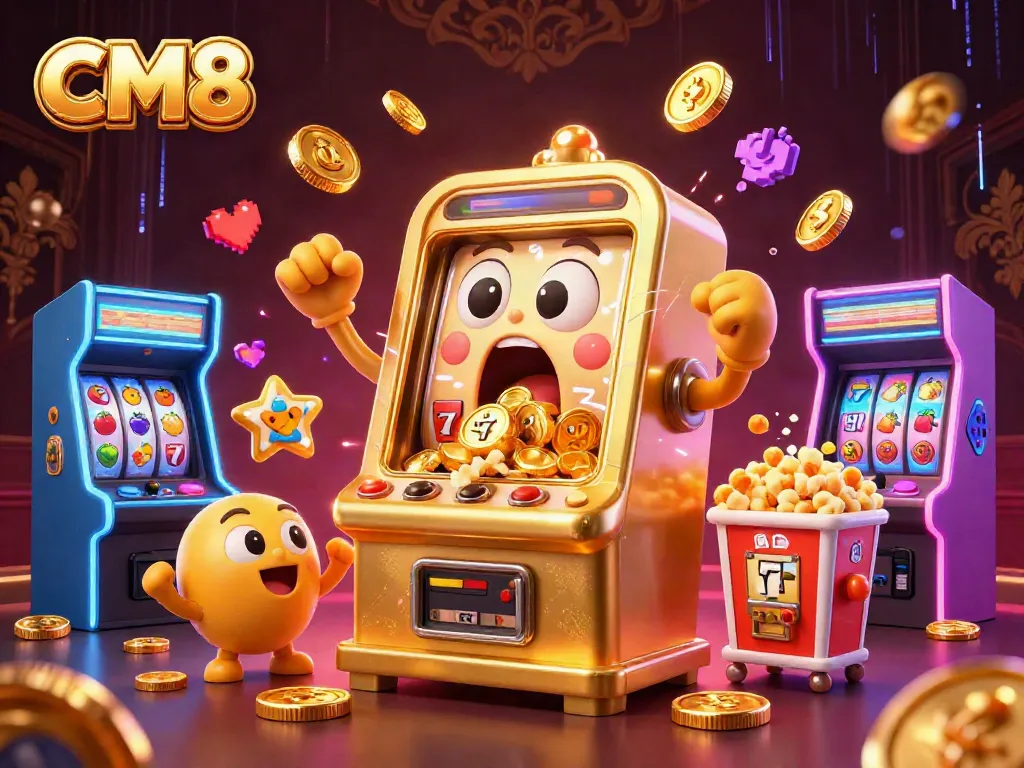 CM8 golden slot machine celebrates a jackpot win with coins in a vibrant gaming scene.