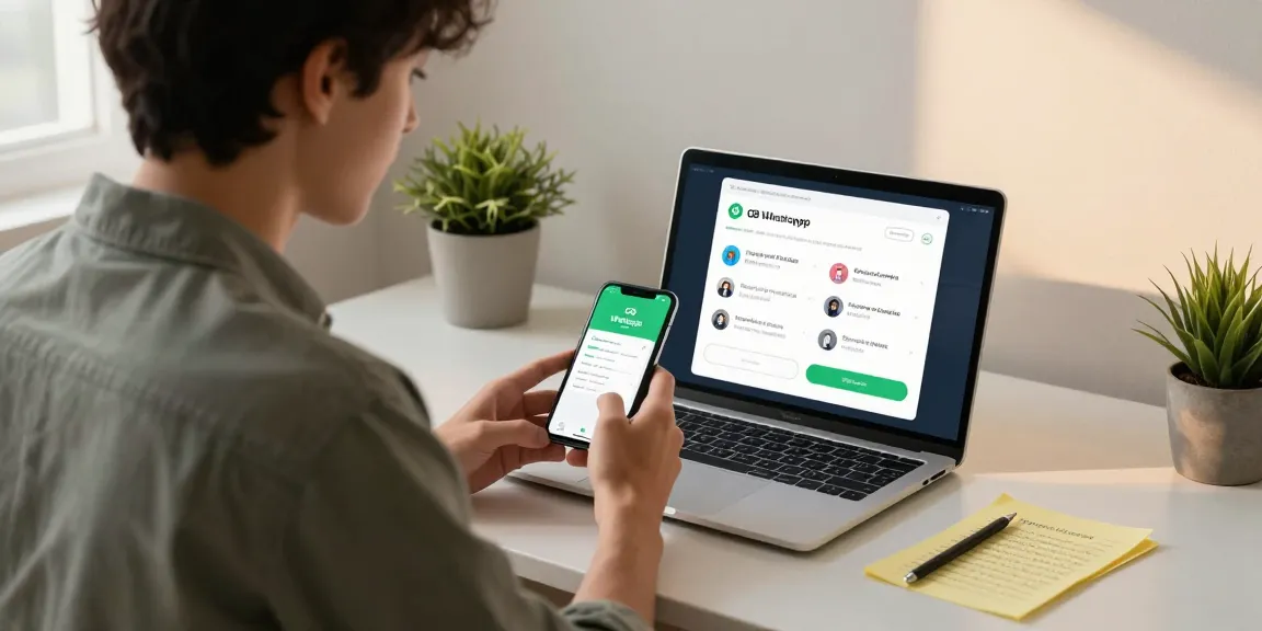 Person downloading gb whatsapp app on a laptop while surrounded by notes about its features.