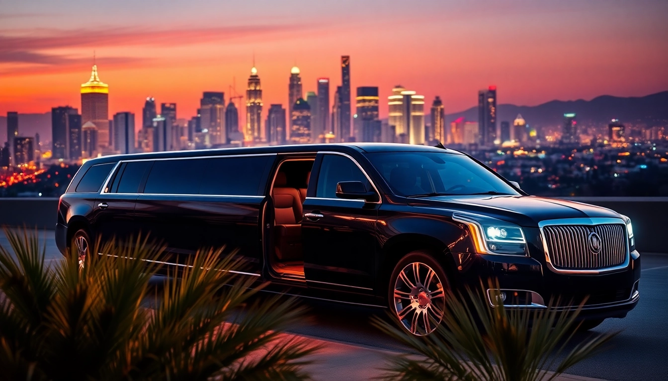 Experience the elegance of LA Limo with a luxurious black limousine in front of the LA skyline.
