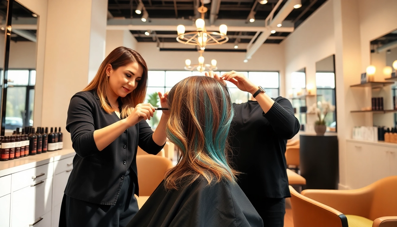 Omnia Salon: Expert stylist applying vibrant highlights in a chic, eco-friendly salon.