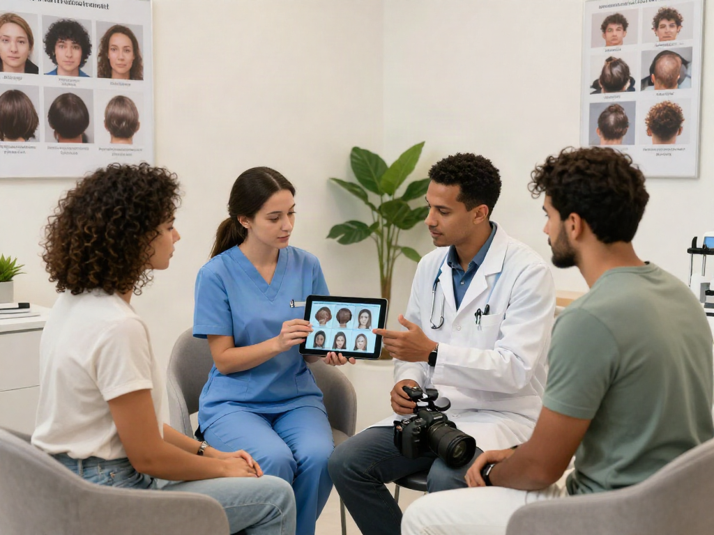 Consultation at a hair transplant turkey clinic showing patient interacting with medical professionals.