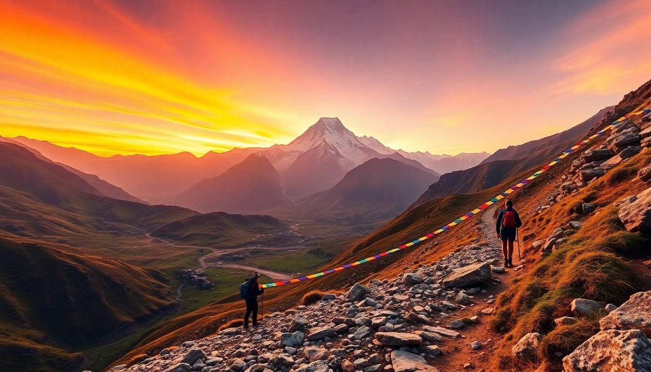 Manaslu Circuit Trek showcasing stunning landscapes with Mt. Manaslu, colorful sunset, and adventurous hikers.