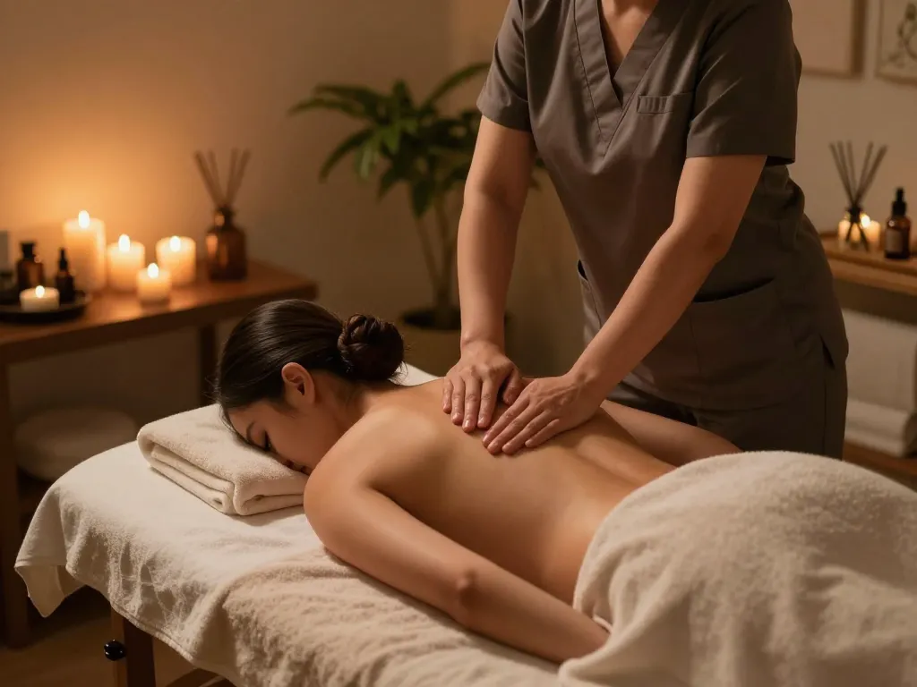 Relaxing 서초스웨디시 massage scene with therapist and calming spa decor.