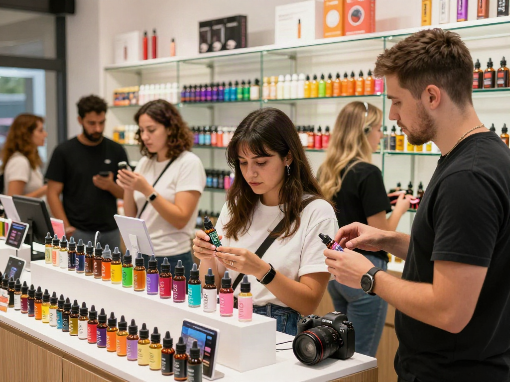 Shopper exploring a vibrant selection of vape e liquid flavors in a well-lit store.