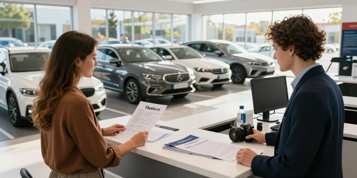 Customer engaging with FlexRent staff in a modern car rental setting showcasing friendly service and diverse vehicle options.